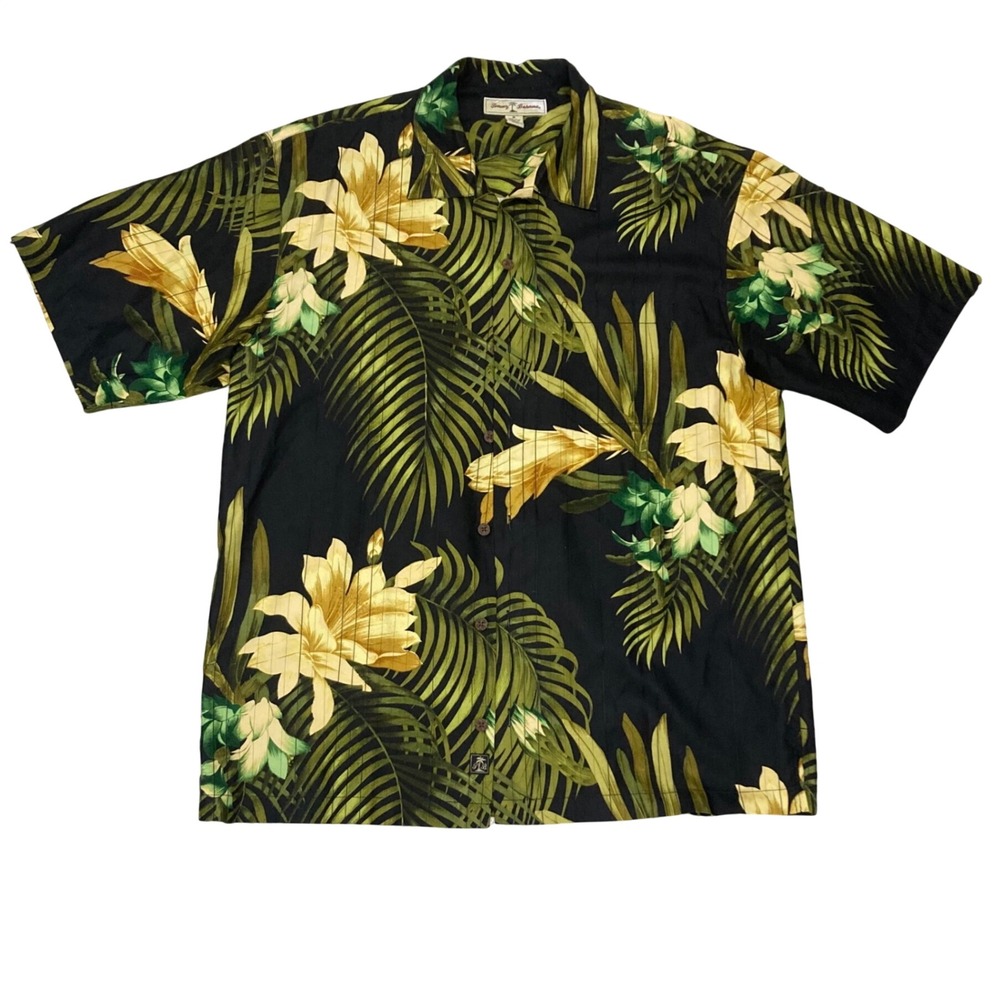 Tommy Bahama Mens Black Silk Tropical Floral Palm Leaf Camp Shirt Medium